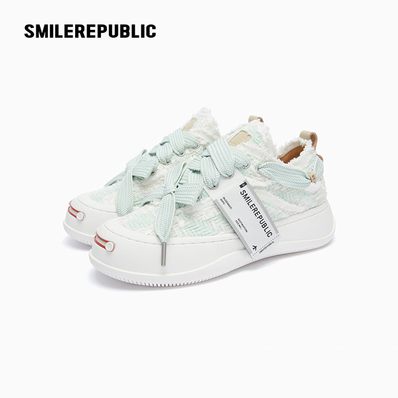 Light Cyan Plaid Tweed Low Top Platform Sneaker