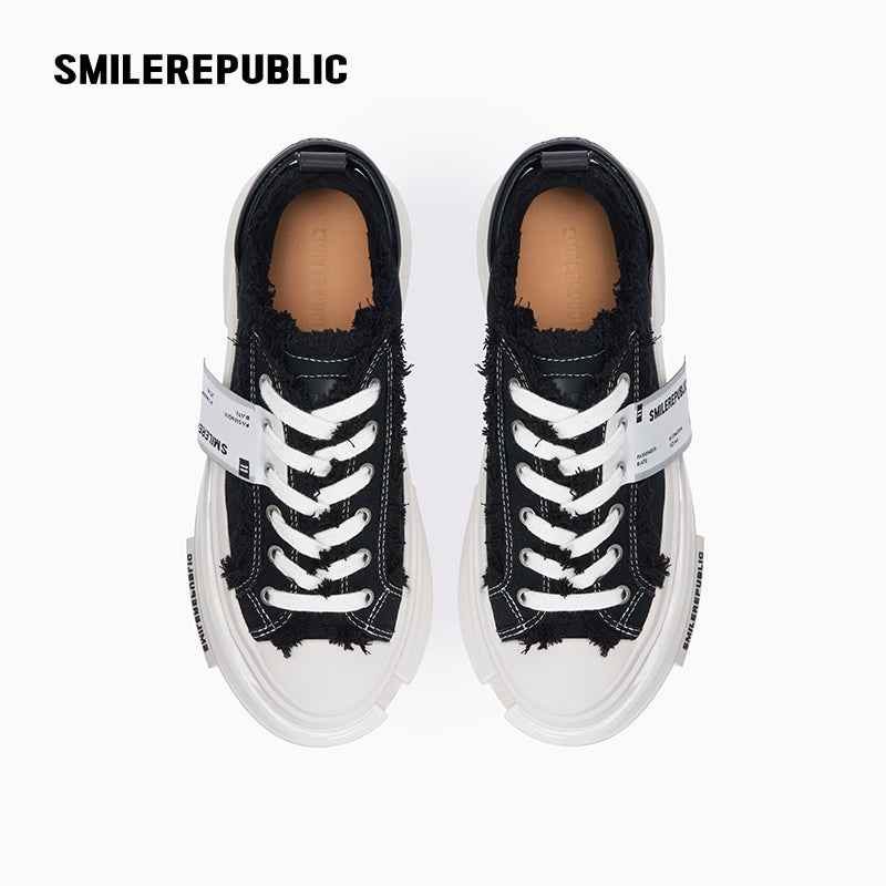 Black Frayed Canvas Rechargeable Light-Up Platform Sneakers, Low Top Lace Up