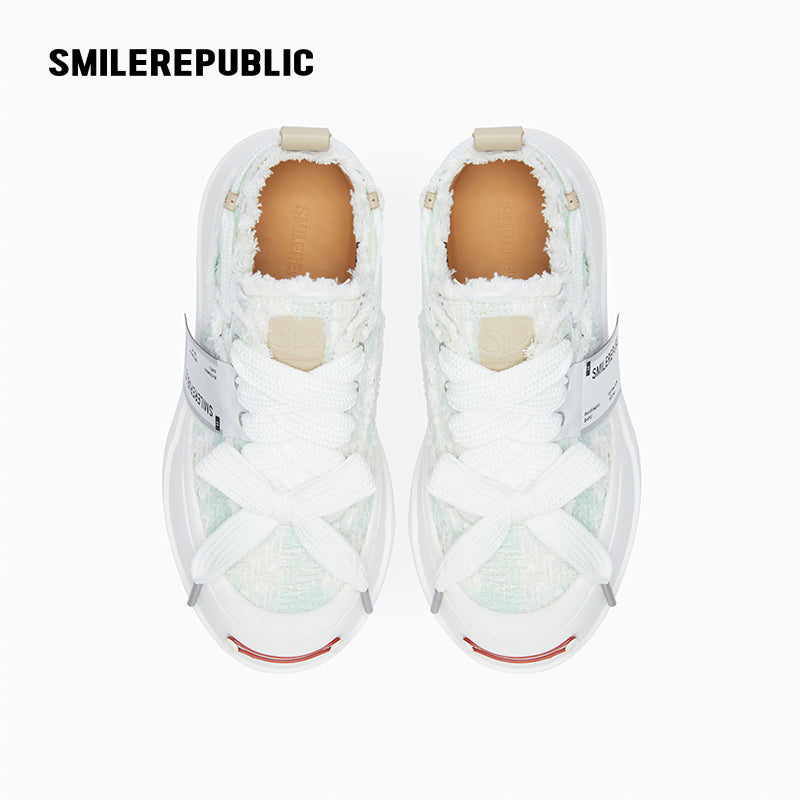 Light Cyan Plaid Tweed Low Top Platform Sneaker