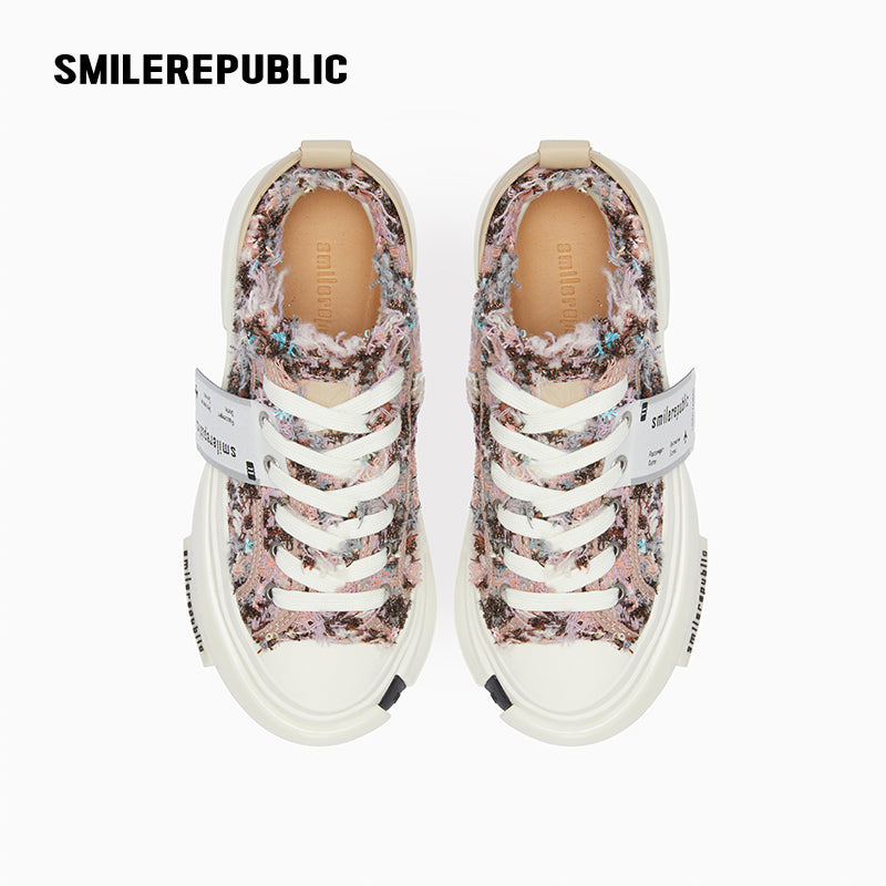 Purple Floral Tweed Low-Top Platform Sneakers with Rubber Sole