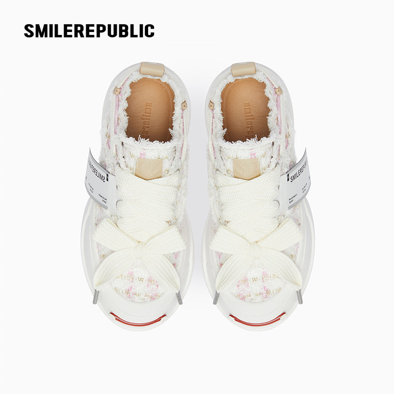 Pink & White Shimmer Tweed Low-Top Platform Sneaker