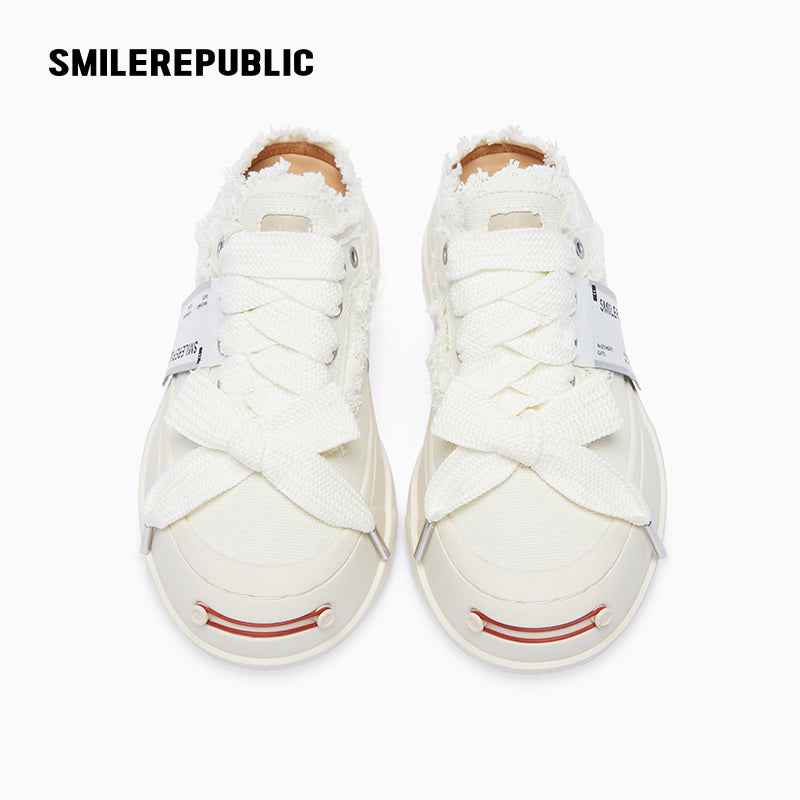 White Frayed Canvas Platform Sneaker Mules, Unisex Backless Lace Up Shoes