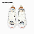 Blue and Black Plaid Tweed Smile Toe Platform Sneakers with Interchangeable Laces, Unisex