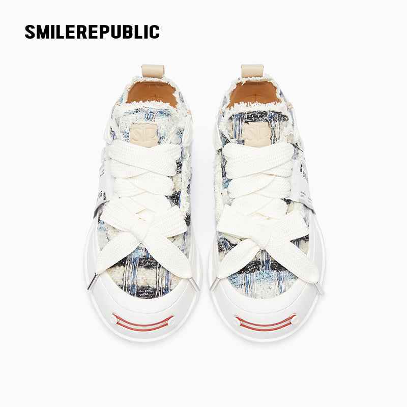 Blue and Black Plaid Tweed Smile Toe Platform Sneakers with Interchangeable Laces, Unisex