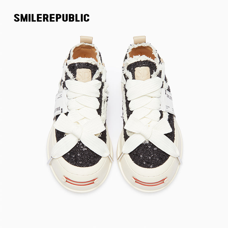 Black Frayed Low Top Platform Sneakers, Unisex Lace Up Shoes