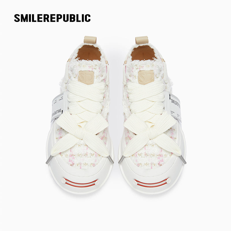 Pink & White Shimmer Tweed Low-Top Platform Sneaker