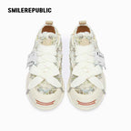 Cream Frayed Textured Low Top Sneakers, Unisex Lace Up Shoes