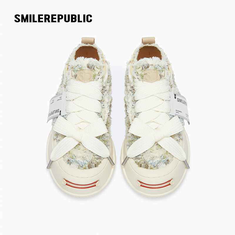 Cream Frayed Textured Low Top Sneakers, Unisex Lace Up Shoes