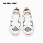 White Grey Textured Low Top Sneakers, Unisex Lace Up Shoes