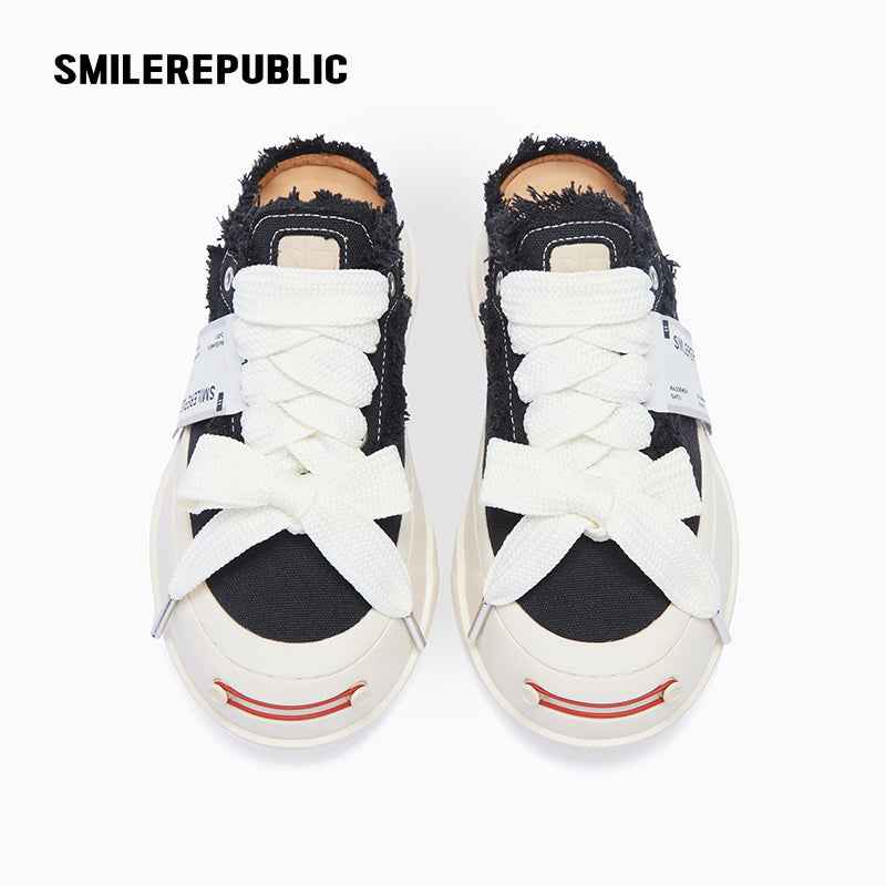 Black Frayed Canvas Platform Sneaker Mules, Unisex Lace Up Backless Shoes