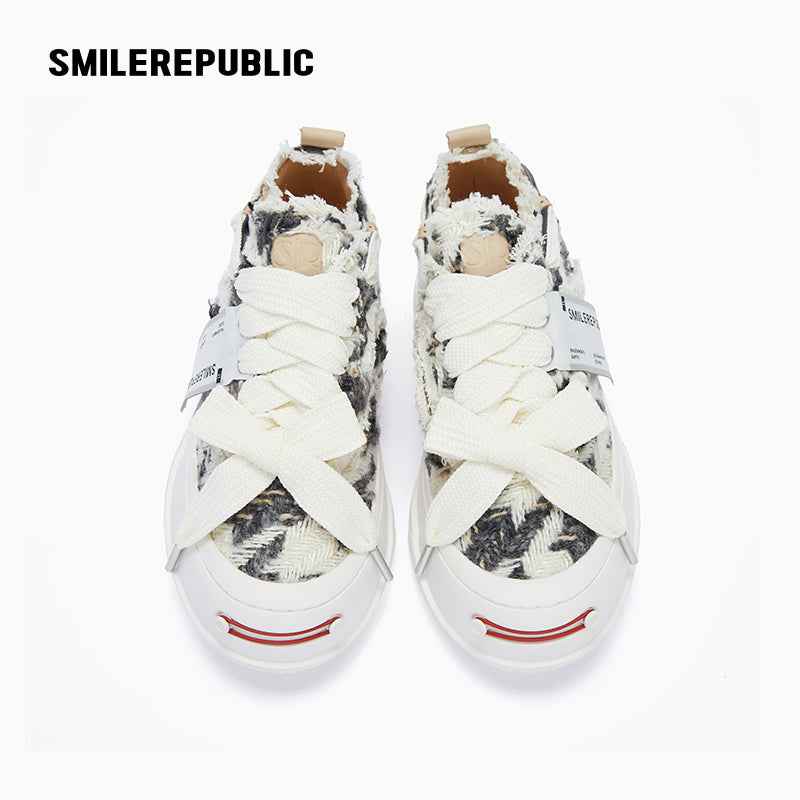 Black and Cream Frayed Tweed Platform Sneakers for Men and Women, Low Top Lace Up Shoes
