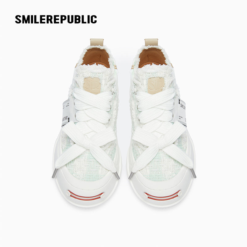 Light Cyan Plaid Tweed Low Top Platform Sneaker