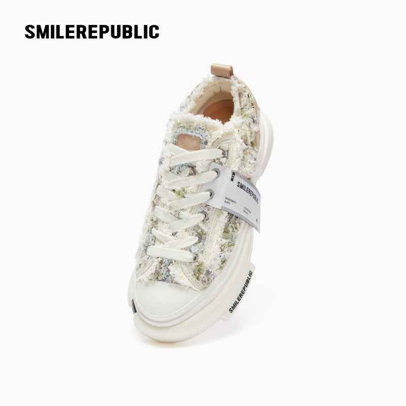 Cream Textured Low Top Platform Sneakers, Unisex Lace Up Shoes