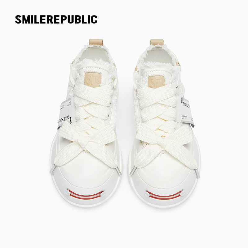 Cream Smile Toe Platform Sneakers, Unisex Low Top Lace Up Shoes
