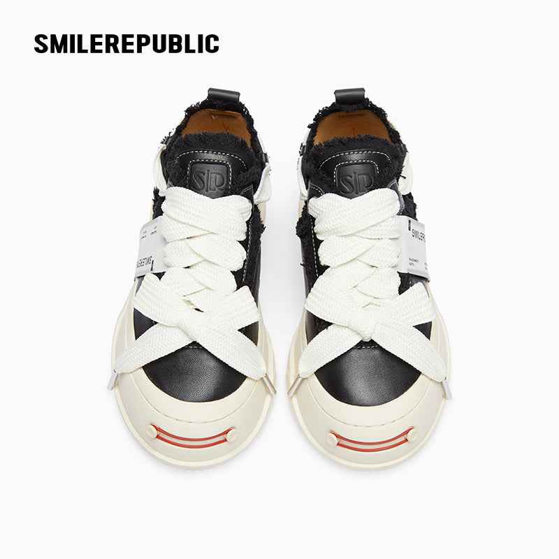 Black Frayed Trim Platform Sneakers with Interchangeable Smile Toe, Low Top Lace Up