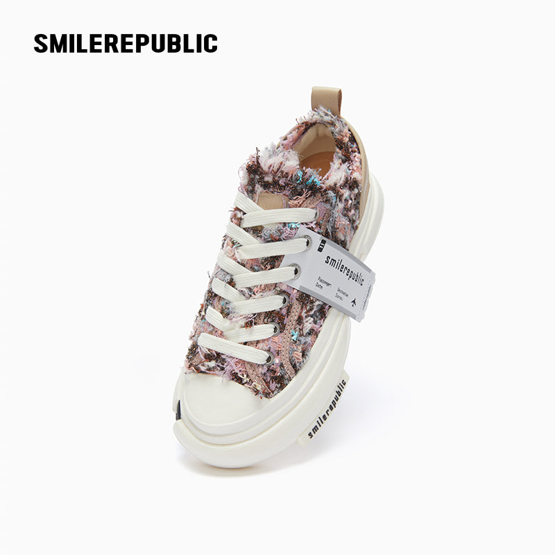 Purple Floral Tweed Low-Top Platform Sneakers with Rubber Sole