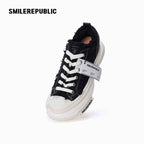 Black Frayed Canvas Rechargeable Light-Up Platform Sneakers, Low Top Lace Up