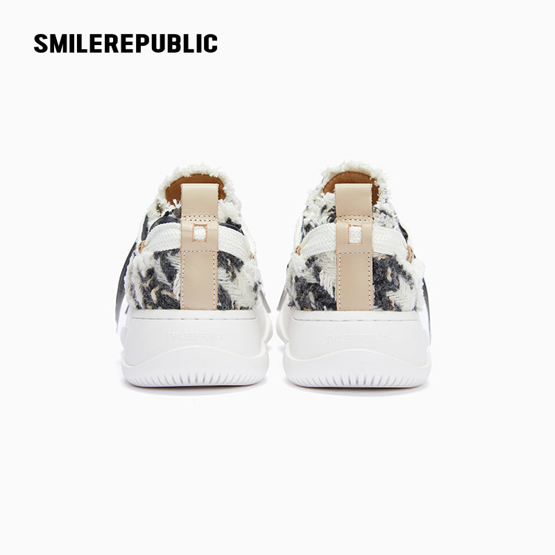 Black and Cream Frayed Tweed Platform Sneakers for Men and Women, Low Top Lace Up Shoes