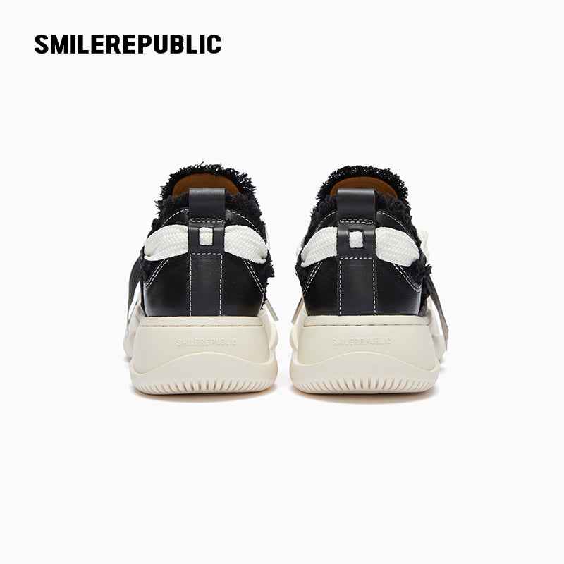 Black Frayed Trim Platform Sneakers with Interchangeable Smile Toe, Low Top Lace Up