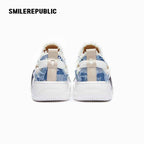 Light Blue Plaid Denim Smile Toe Platform Sneakers, Unisex Lace Up Shoes