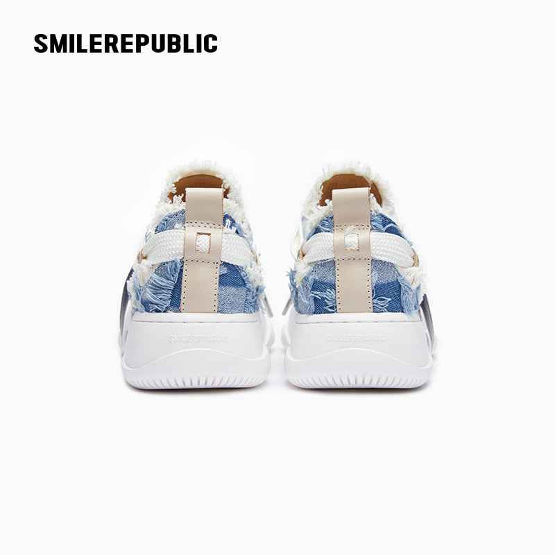 Light Blue Plaid Denim Smile Toe Platform Sneakers, Unisex Lace Up Shoes