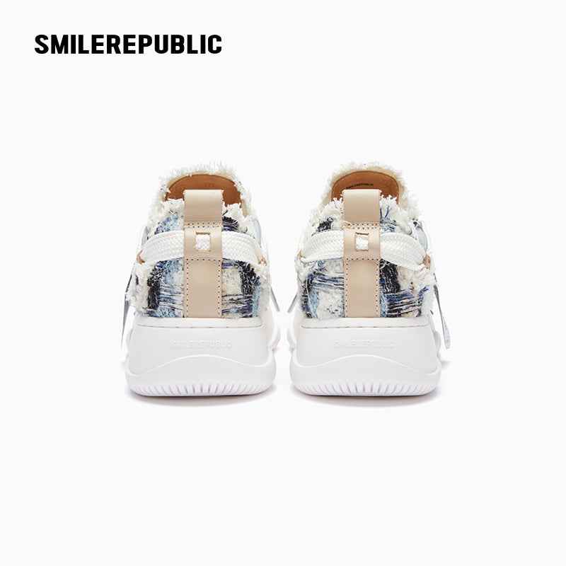 Blue and Black Plaid Tweed Smile Toe Platform Sneakers with Interchangeable Laces, Unisex