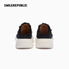 Black Frayed Canvas Platform Sneaker Mules, Unisex Lace Up Backless Shoes