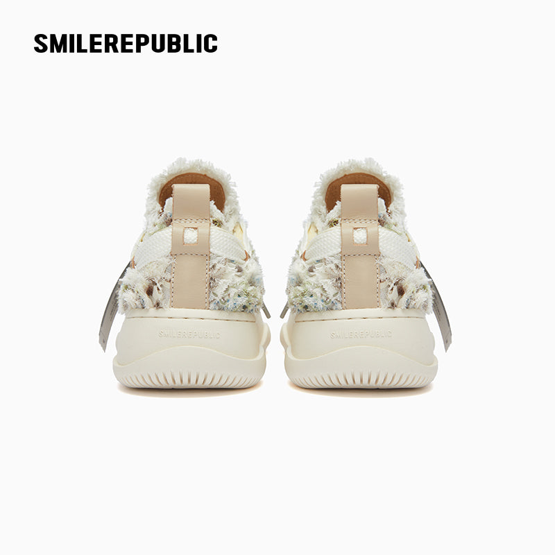 Cream Frayed Textured Low Top Sneakers, Unisex Lace Up Shoes