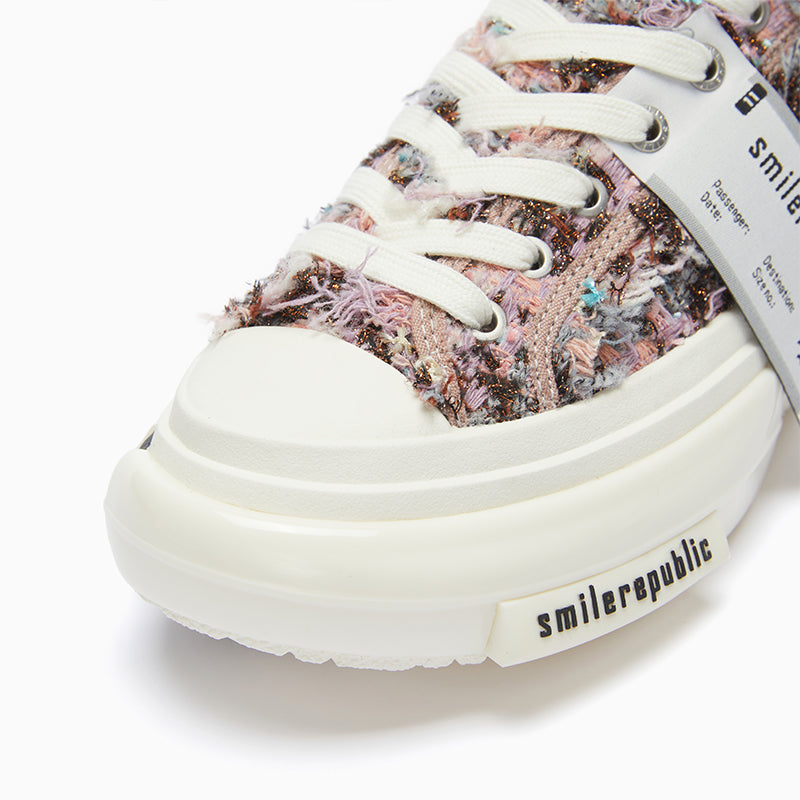 Purple Floral Tweed Low-Top Platform Sneakers with Rubber Sole