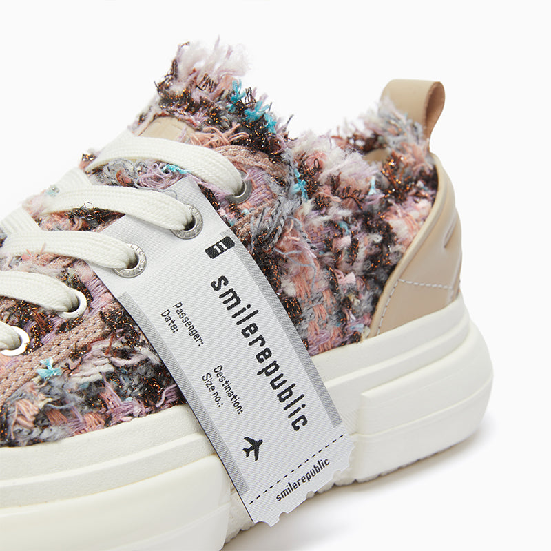 Purple Floral Tweed Low-Top Platform Sneakers with Rubber Sole