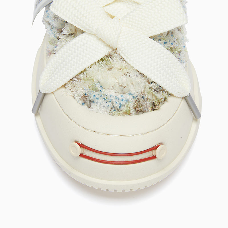 Cream Frayed Textured Low Top Sneakers, Unisex Lace Up Shoes