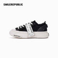 Black Frayed Canvas Rechargeable Light-Up Platform Sneakers, Low Top Lace Up