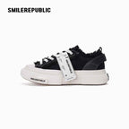 Black Frayed Canvas Rechargeable Light-Up Platform Sneakers, Low Top Lace Up