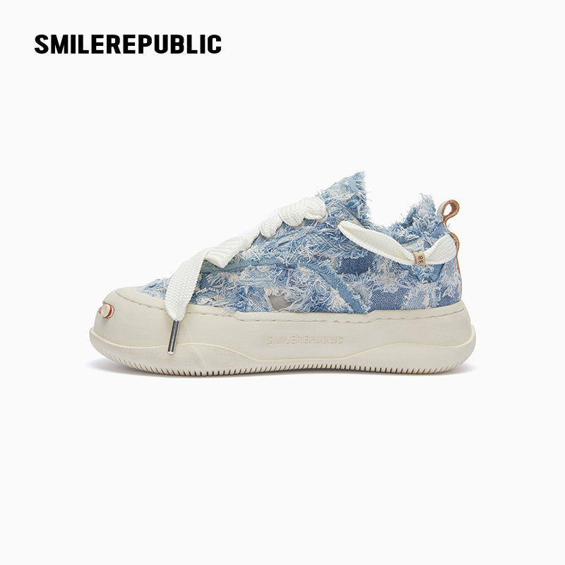 Distressed Blue Denim Platform Low-Top Sneaker
