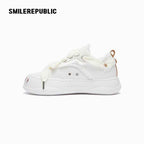 Cream Smile Toe Platform Sneakers, Unisex Low Top Lace Up Shoes