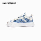 Light Blue Plaid Denim Smile Toe Platform Sneakers, Unisex Lace Up Shoes