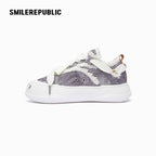 White Grey Textured Low Top Sneakers, Unisex Lace Up Shoes