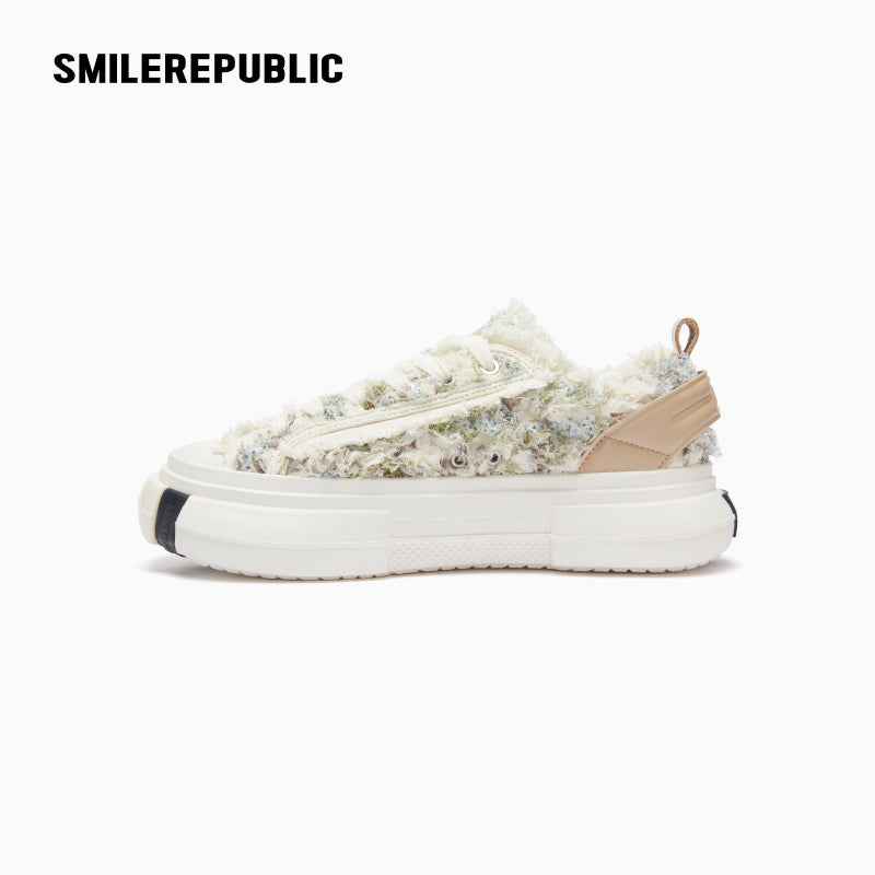 Cream Textured Low Top Platform Sneakers, Unisex Lace Up Shoes