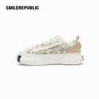 Cream Textured Low Top Platform Sneakers, Unisex Lace Up Shoes
