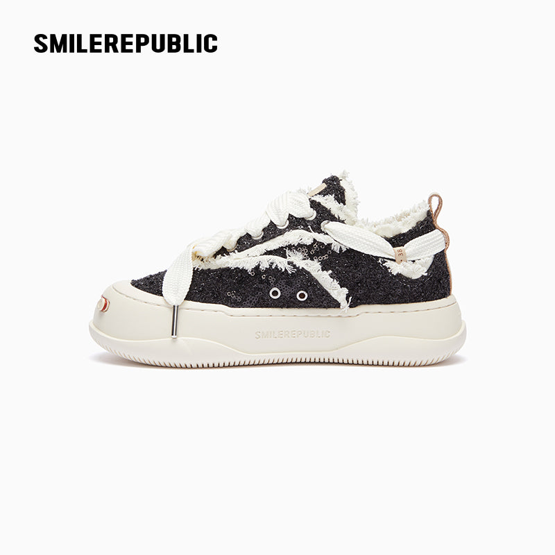 Black Frayed Low Top Platform Sneakers, Unisex Lace Up Shoes