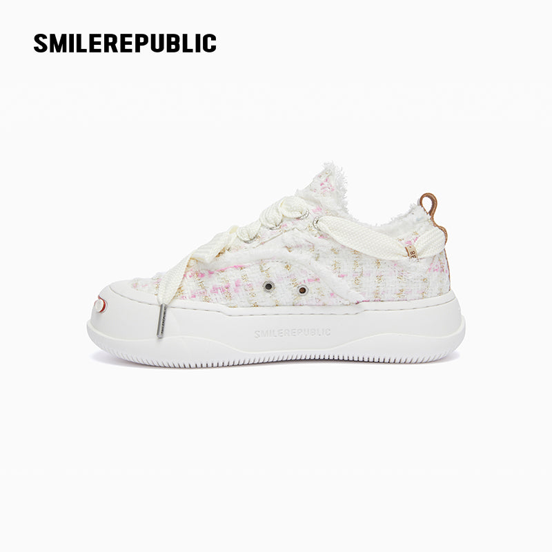 Pink & White Shimmer Tweed Low-Top Platform Sneaker