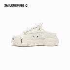 White Frayed Canvas Platform Sneaker Mules, Unisex Backless Lace Up Shoes