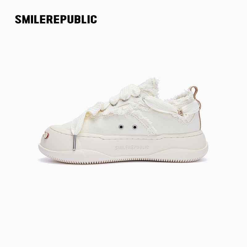 White Frayed Canvas Platform Sneakers, Unisex Low Top Lace Up Shoes