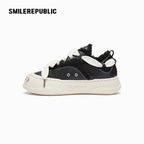 Black Frayed Trim Platform Sneakers with Interchangeable Smile Toe, Low Top Lace Up