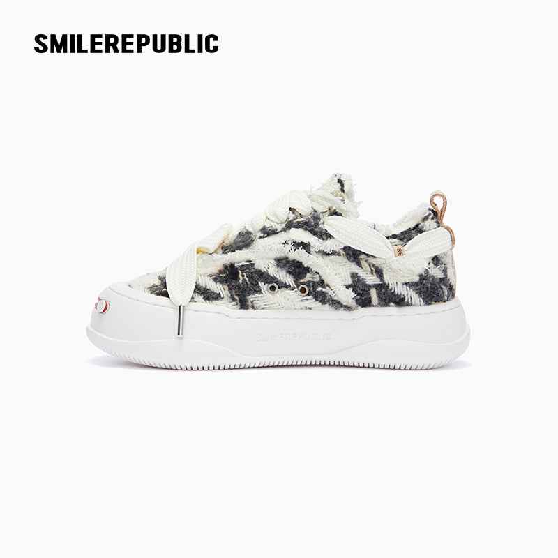 Black and Cream Frayed Tweed Platform Sneakers for Men and Women, Low Top Lace Up Shoes
