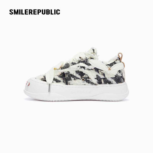 Black and Cream Frayed Tweed Platform Sneakers for Men and Women, Low Top Lace Up Shoes