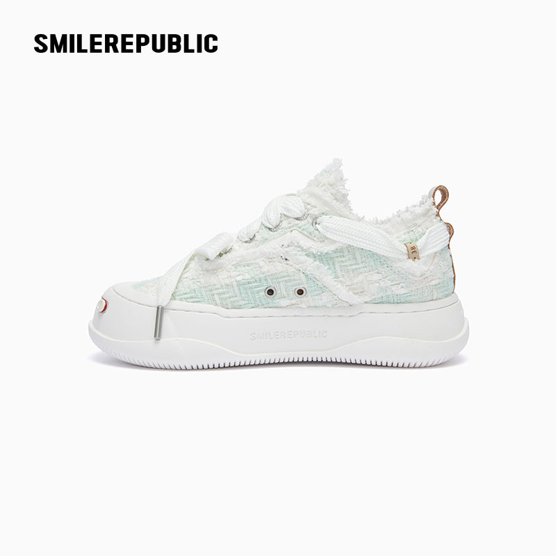 Light Cyan Plaid Tweed Low Top Platform Sneaker