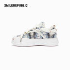 Blue and Black Plaid Tweed Smile Toe Platform Sneakers with Interchangeable Laces, Unisex