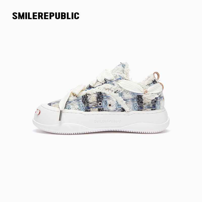 Blue and Black Plaid Tweed Smile Toe Platform Sneakers with Interchangeable Laces, Unisex