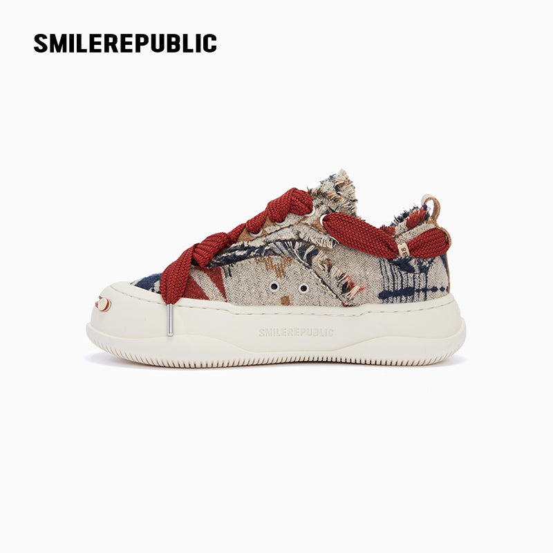 Beige Multicolor Frayed Tweed Low Top Sneakers, Unisex Lace Up Shoes